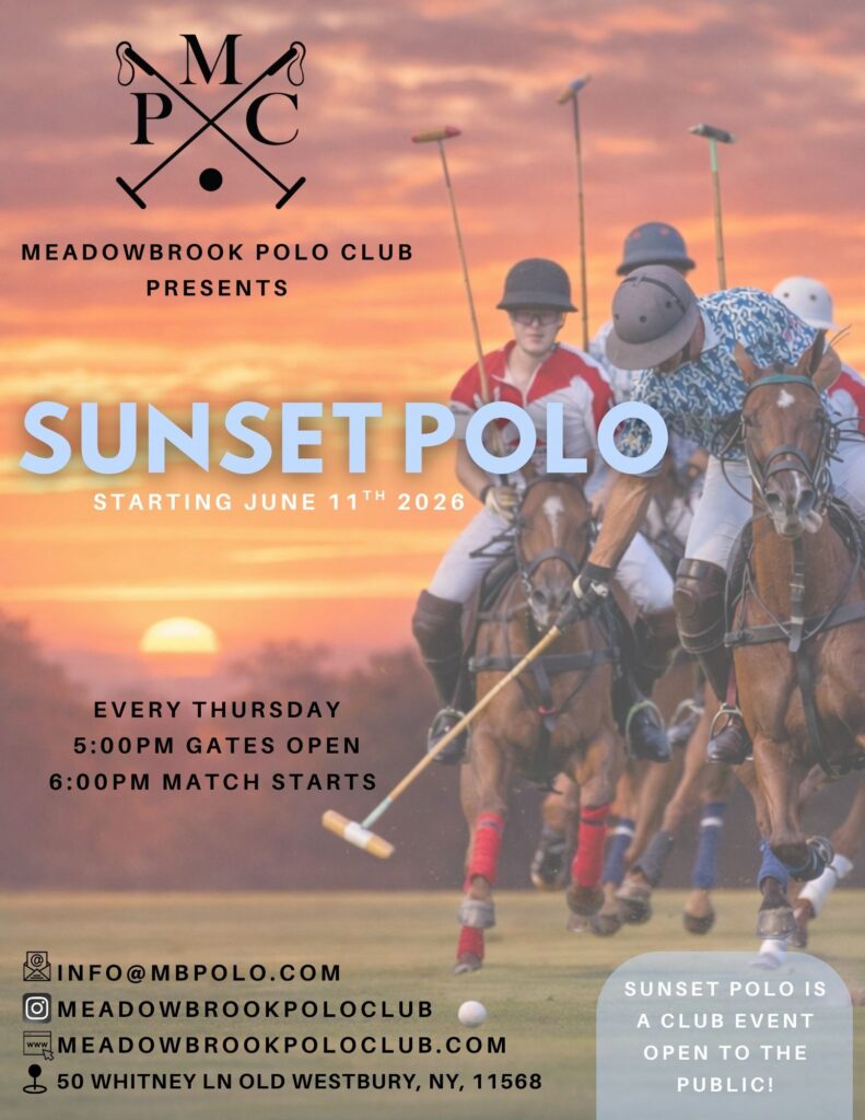 Sunset Polo poster: Meadowbrook Polo Club presents polo players riding horses at sunset with mallets and event details.